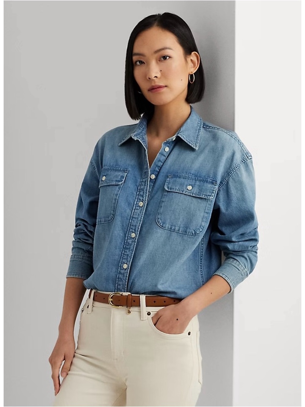 Thread & Supply Classic Light Denim Wash Soft Lyocell Button Down Shirt Medium